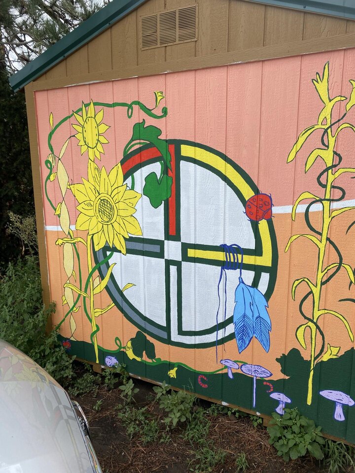 Painting on shed located at the Turtle Island Indigenous Growers garden